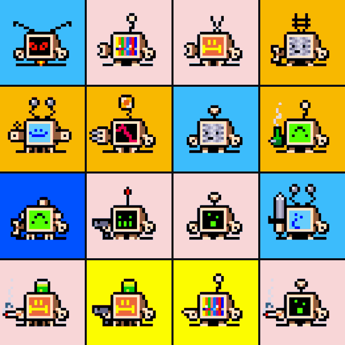 A 4x4 grid of pixel art retro computer/robot characters with various designs, screen faces, and antennae against colorful backgrounds (pink, blue, yellow, orange). The image complements the post's request for "more computers" by displaying a diverse collection of computer-like characters, likely related to the $BNKR cryptocurrency or token.