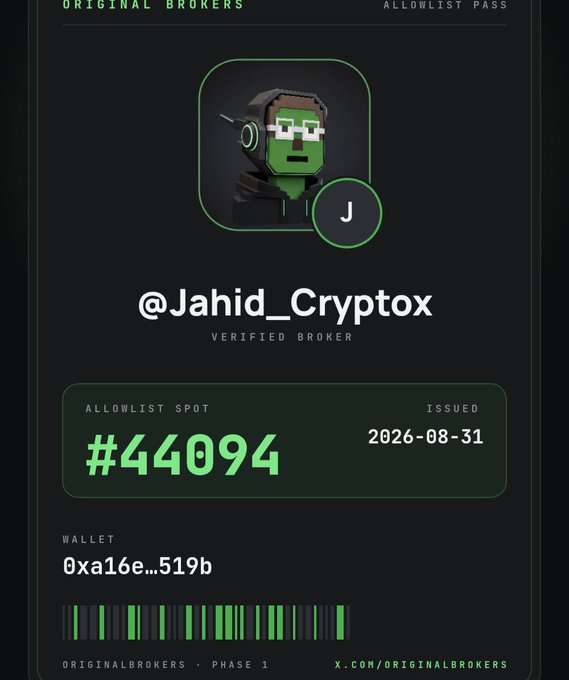 The image is a digital "Verified Broker" allowlist pass card for @Jahid_Cryptox on Original Brokers, displaying spot #44094 issued on 2026-08-31 with wallet address 0xa16e...519b, supporting their announcement of securing a spot on the allowlist via originalbrokers.art.