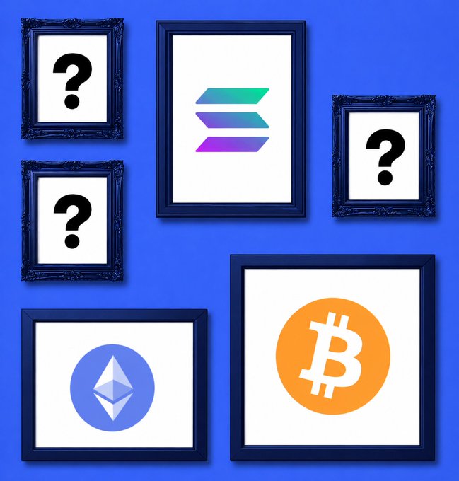 Six ornate blue frames hang on a blue wall, displaying logos for Solana, Bitcoin, and Ethereum alongside three frames containing question marks, visually prompting viewers to suggest additional cryptocurrencies to feature.