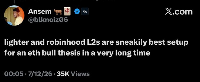 A tweet from Ansem (@blknoiz06) discussing 'lighter and robinhood L2s' as the best setup for an 'eth bull thesis.'