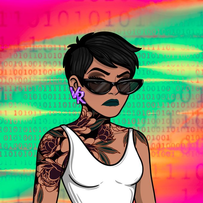 A stylized digital illustration of a woman with short black hair, sunglasses, tattoos, and a white tank top set against a colorful background filled with binary code.