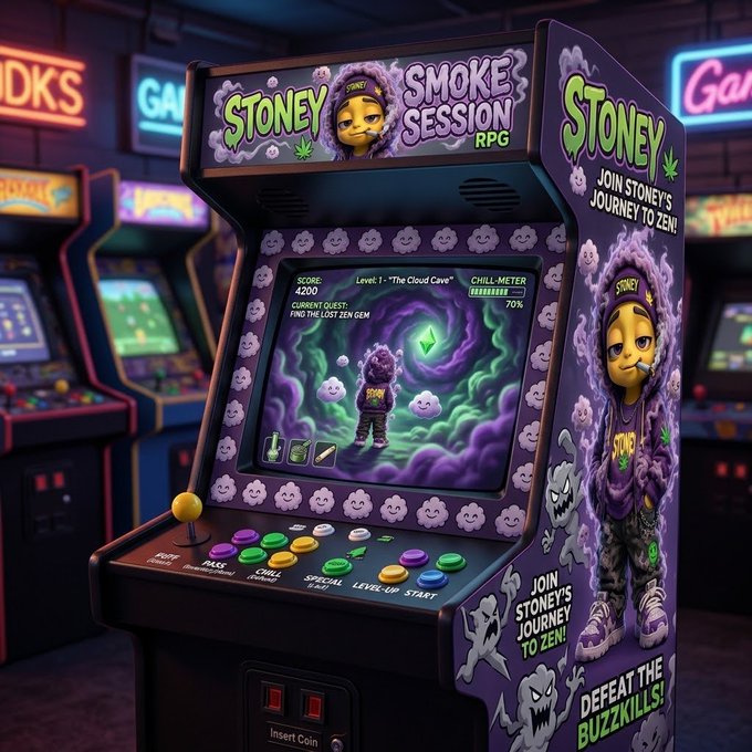 A retro arcade cabinet titled "STONEY SMOKE SESSION RPG" stands in a dimly lit arcade, featuring a purple-hooded character on the marquee and side artwork with the text "JOIN STONEY'S JOURNEY TO ZEN!" and "DEFEAT THE BUZZKILLS!" The screen displays "Level 1 - 'The Cloud Cave'" with a score of 4200, a quest to "FIND THE LOST ZEN GEM," and a "CHILL-METER" at 70%, while the control panel shows labels like "PASS," "CHILL," "SPECIAL," "LEVEL-UP," and "START."
