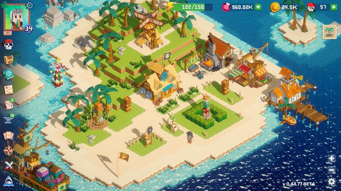 A screenshot of a tropical island-building mobile game showing wooden structures, crops, and a 'Pirate Raid' event banner.