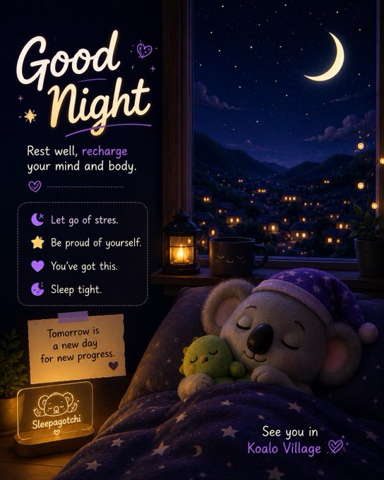 A whimsical 'Good Night' digital illustration featuring a sleeping koala and a green frog plushie by a window overlooking a starry village, with calming messages like 'Rest well, recharge your mind and body' and 'See you in Koalo Village.'