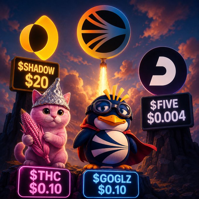 Meme-style image featuring a pink cat wearing a tinfoil hat holding corn and a penguin in goggles with a cape, surrounded by cryptocurrency logos and price signs for $SHADOW ($20), $FIVE ($0.004), $THC ($0.10), and $GOGLZ ($0.10).