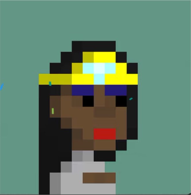 Low-resolution pixel art portrait of a dark-skinned character wearing a yellow and cyan crown/headpiece against a teal background.