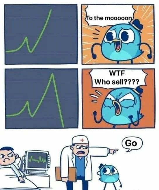 A comic strip showing a character watching a stock chart rise 'To the moooooon' and then crash, yelling 'WTF Who sell????' while a doctor points and says 'Go'.