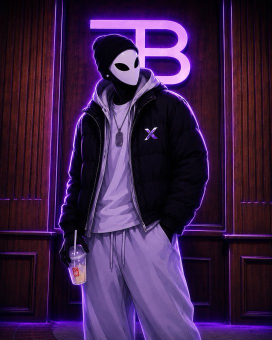 A stylized illustration of a figure wearing a white alien mask, black beanie, and puffer jacket with an 'X' patch, holding a bubble tea drink, standing before a glowing purple 'TB' neon sign.
