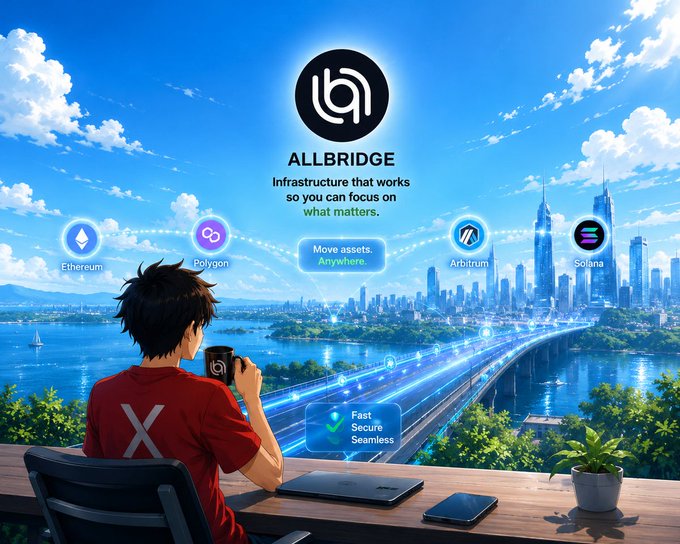 An anime-style illustration shows a person in a red shirt sitting at a desk drinking coffee, overlooking a futuristic city with bridges, branded 'ALLBRIDGE' with the tagline 'Infrastructure that works so you can focus on what matters,' highlighting supported blockchains including Ethereum, Polygon, Arbitrum, and Solana, alongside the phrases 'Move assets. Anywhere.' and 'Fast Secure Seamless.'