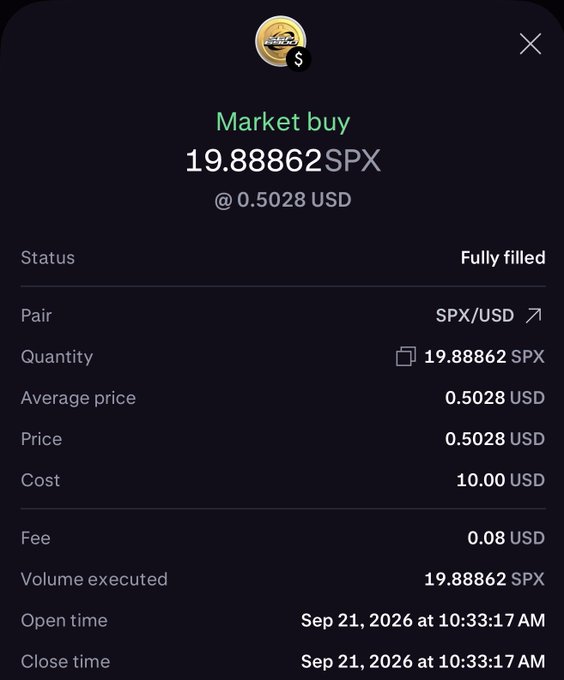 Market buy order confirmation for 19.88862 SPX at 0.5028 USD, fully filled, with a cost of 10.00 USD and a fee of 0.08 USD, executed on Sep 21, 2026.
