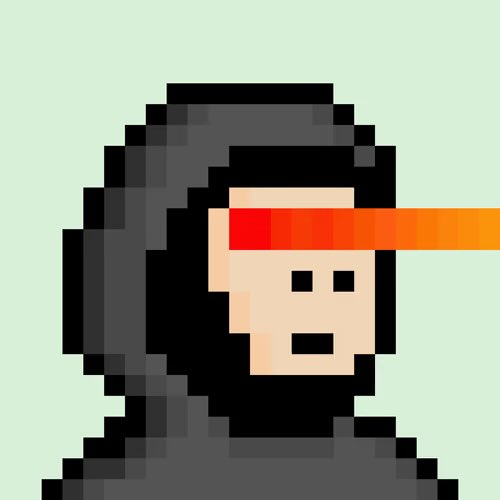 A simple pixel art character with black hair and a pale face displaying a flat, unimpressed look, while a horizontal orange laser beam shoots across its eyes against a light green background.