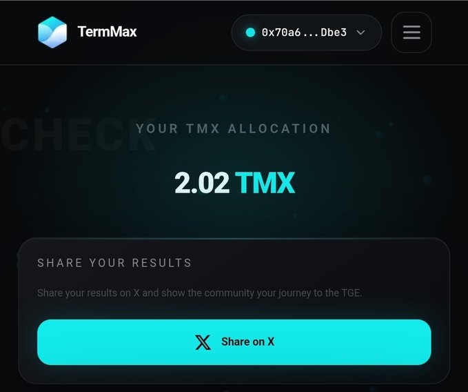 TermMax displays a “Check Your TMX Allocation” result of 2.02 TMX, alongside a “Share on X” button and the accompanying wallet address. This supports the post’s claim that one promotional post earned 2M $TMX while awaiting the TGE.