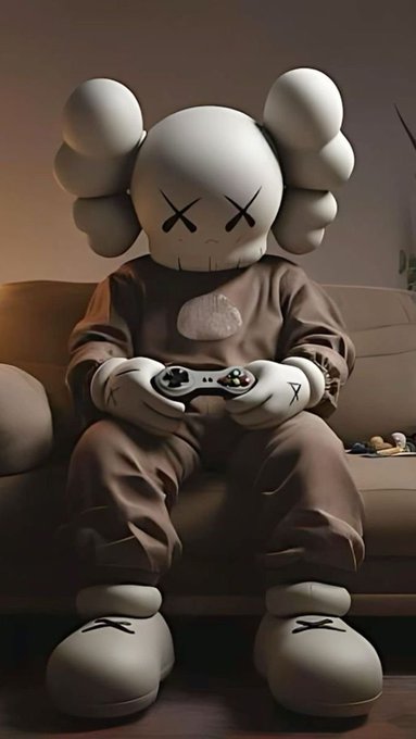Large seated KAWS-style sculpture figure in a brown outfit holding a game controller, displayed in a dimly lit room.