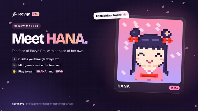 Promotional graphic for 'Rovyn Pro' trading terminal on Robinhood Chain introducing mascot 'HANA,' a pixel-art character, with features: 'NEW MASCOT,' 'Guides you through Rovyn Pro,' 'Mini games inside the terminal,' and 'Play to earn $HANA and $RVN,' with greeting 'konnichiwa, trader!'.