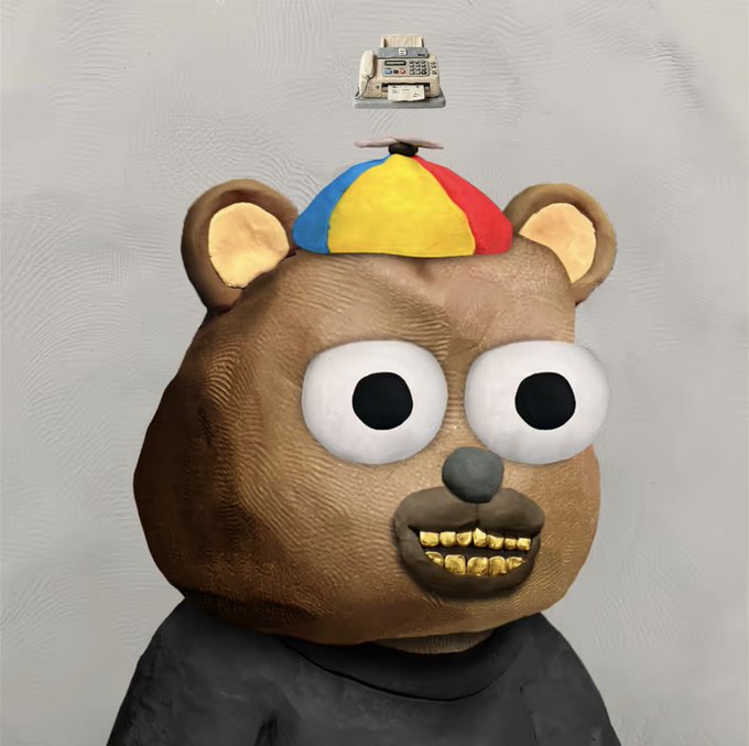 A 3D-rendered clay-style illustration of a brown bear character with large googly eyes, gold teeth, and a small colorful propeller hat, wearing a dark shirt against a plain background.