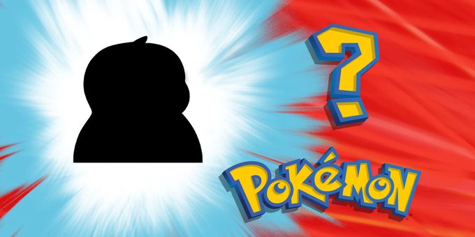 Graphic featuring a black silhouette of a character with spiky hair against a blue and red burst background, alongside a yellow question mark and the 'Pokémon' logo.