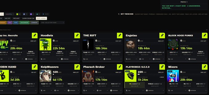 An NFT Trending dashboard displaying multiple digital collectibles including Hoodets, THE RIFT, Engtaku, and Block Hood Punks with time remaining.