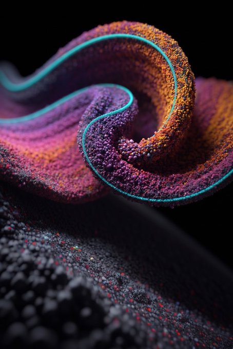 A vibrant abstract 3D digital artwork featuring swirling waves of textured pink, orange, and cyan colors against a dark background.