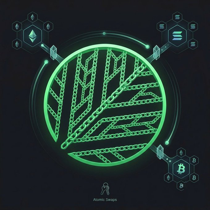 A neon green glowing graphic featuring a circular emblem with chains and abstract lines, surrounded by hexagonal cryptocurrency icons including Ethereum and Bitcoin, labeled 'Atomic Swaps' at the bottom.
