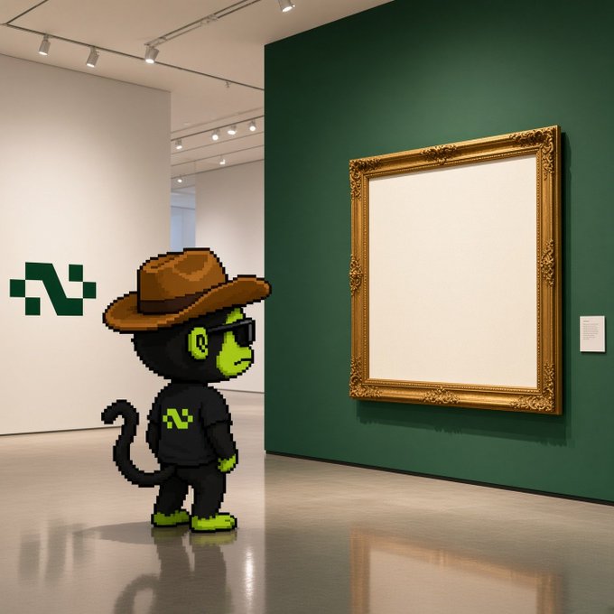A green cartoon monkey mascot wearing a cowboy hat, sunglasses, and a black hoodie with a green logo stands in a modern gallery looking at an empty ornate gold frame on a dark green wall.