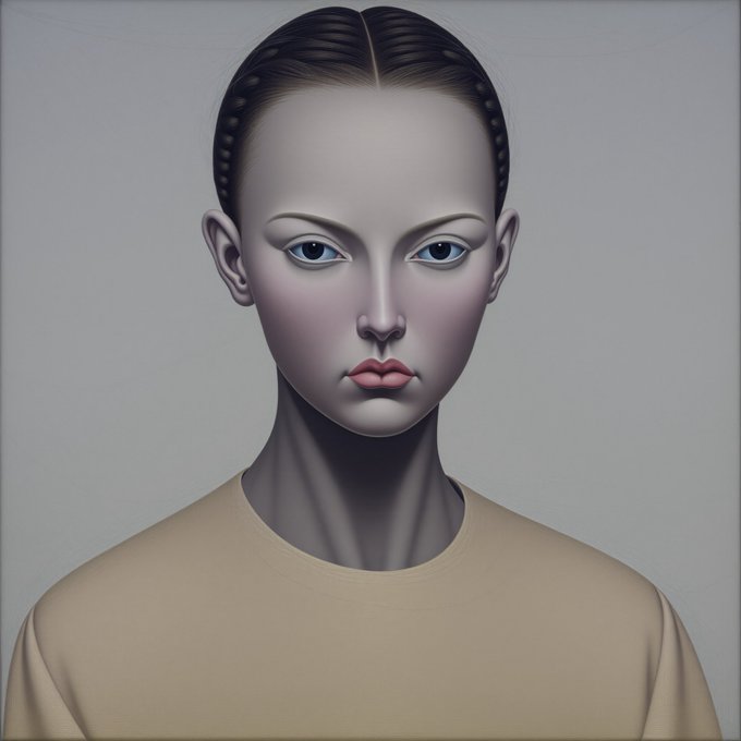 A stylized portrait of a pale-skinned, expressionless female figure with dark pulled-back hair and striking blue eyes, wearing a beige top, set against a muted gray background. The image appears unrelated to the accompanying post about a cryptocurrency giveaway drop for @Divergents_ETH, suggesting it may be a generic or randomly selected visual accompanying the promotional text.