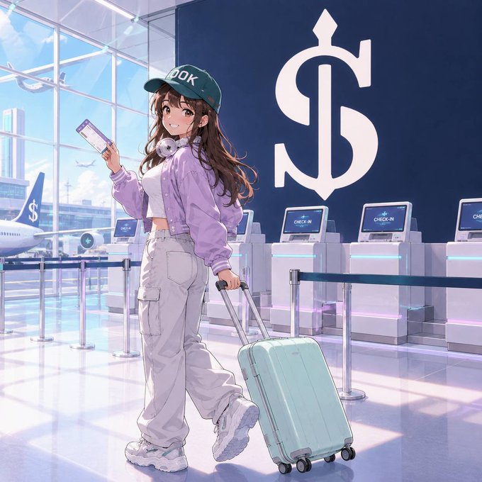 Anime-style illustration of a young woman with a cap, lavender jacket, and cargo pants holding a mint green suitcase at an airport, with a large dollar sign logo in the background.