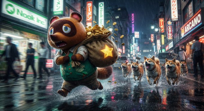 A digital artwork depicting a cartoon raccoon-like character wearing a green vest and carrying a sack of gold coins, being chased by a pack of Shiba Inu dogs down a rainy, neon-lit city street.
