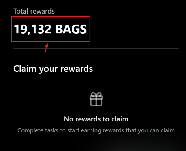 The image displays a rewards dashboard showing "Total rewards: 19,132 BAGS" highlighted in red, with a "Claim your rewards" section indicating "No rewards to claim" and prompting users to complete tasks to earn rewards. This illustrates the user's accumulated BAGS tokens from Concrete's rewards program mentioned in the post about $CT's roadmap addition to Coinbase.