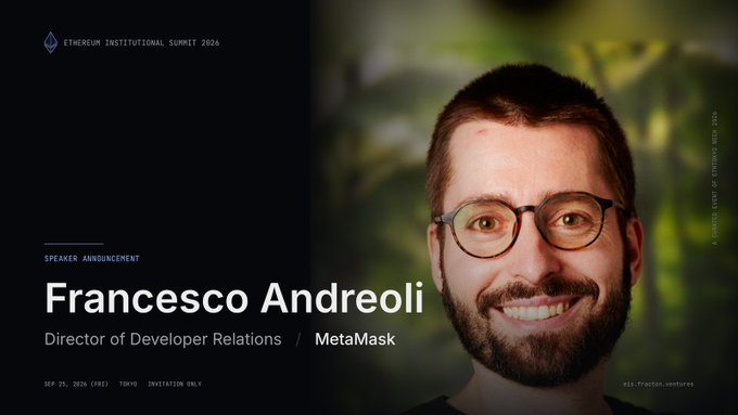 The image is a speaker announcement card for Francesco Andreoli, Director of Developer Relations at MetaMask, who will be speaking at the Ethereum Institutional Summit 2024 in Tokyo on September 25, 2024, aligning with the post's gratitude for the speaking opportunity and anticipation for discussing the event's topics.