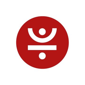 A red circular logo featuring a white geometric design of a person with arms raised.