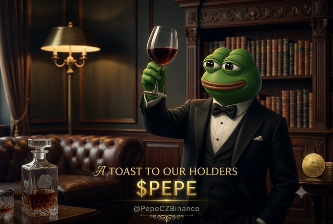 A promotional image features Pepe the Frog dressed in a tuxedo, raising a glass of red wine, with text reading 'A Toast to Our Holders $PEPE' and '@PepeCZBinance'.