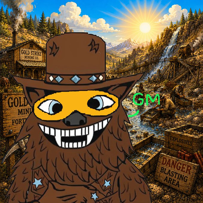 A cartoon brown furry character wearing a cowboy hat with star charms and 'GM' text stands in front of a gold mining scene with signs reading 'Gold Strike Mining Co.', 'Gold Mine', 'Fort...', 'Explosives', and 'Danger Blasting Area'.