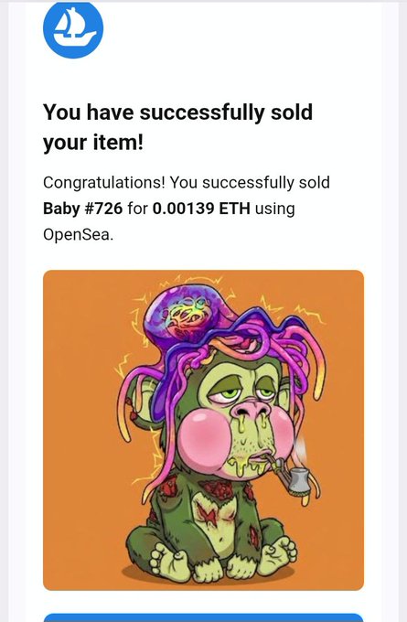 An OpenSea notification showing a successful sale of 'Baby #726' for '0.00139 ETH', displayed above an illustration of a green zombie-like creature with a purple brain exposed, smoking a cigarette.