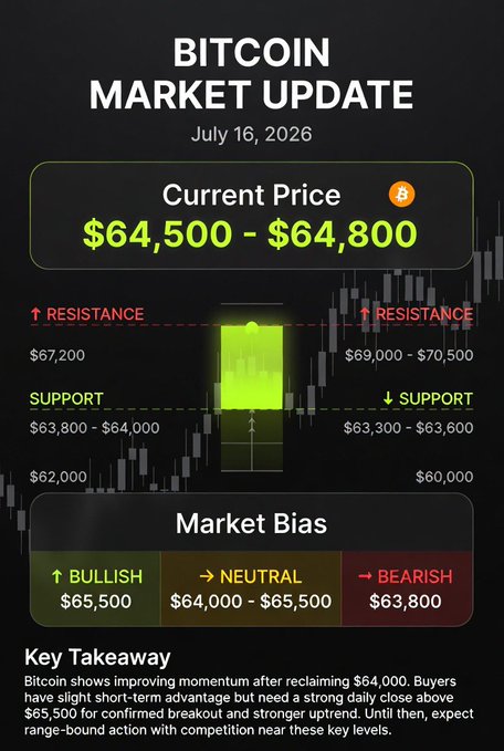 The image is a Bitcoin Market Update infographic dated July 16, 2026, showing BTC's current price at $64,500-$64,800, with resistance at $69,000-$70,500 and support at $63,300-$63,600, alongside a key takeaway explaining that buyers need a strong daily close above $65,500 to confirm a breakout, while a market bias chart indicates bullish above $65,500, neutral at $64,000-$65,500, and bearish below $63,800. The accompanying text reiterates this analysis, emphasizing Bitcoin's recovery momentum after reclaiming $64,000 but noting it remains below key resistance levels.