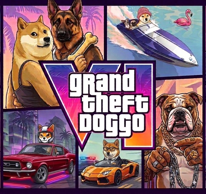 A colorful illustrated cover for 'Grand Theft Doggo,' parodying the Grand Theft Auto logo style, featuring various dogs including Shibas, a German Shepherd with a bone, a bulldog with gold chains, and dogs driving sports cars and a speedboat.