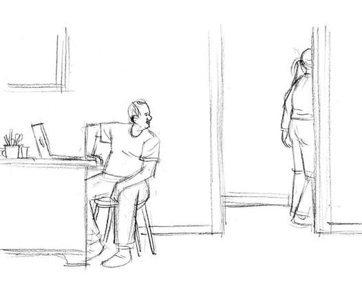 A black and white pencil sketch illustrating a man sitting at a desk with a laptop while a woman stands in a doorway, seemingly observing him.
