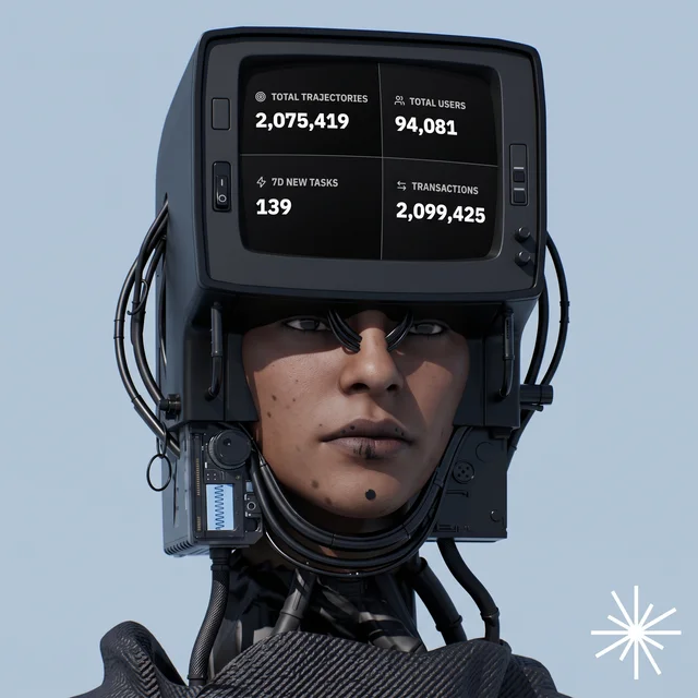 A futuristic 3D render of a person wearing a large VR-style headpiece displaying analytics: Total Trajectories 2,075,419, Total Users 94,081, 7D New Tasks 139, and Transactions 2,099,425.