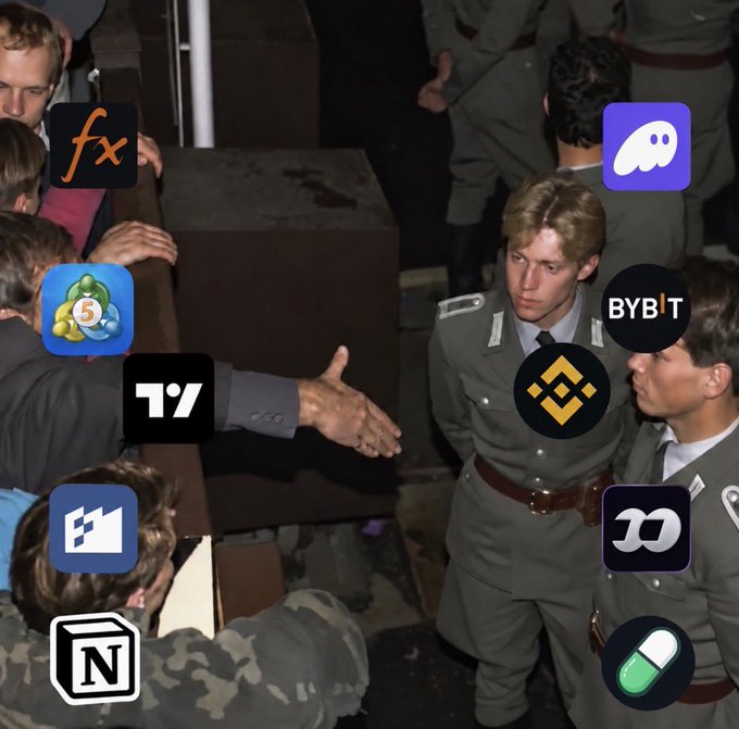 A historical scene of a Nazi soldier shaking hands is overlaid with various cryptocurrency logos, including fx, 5, Phantom, Notion, Phantom ghost, BYBIT, Binance, Dice, and a pill icon.