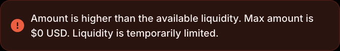 The image shows a warning alert stating: "Amount is higher than the available liquidity. Max amount is $0 USD. Liquidity is temporarily limited." In connection with the post claiming "stAbl3 chA1n 1S thE FUtur3," the image illustrates the challenges a stablecoin is facing, as it currently has zero available liquidity, undermining the post's optimistic claim about its future.