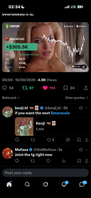 A social media post from GMGN about 'MarsCoin' shows a green gain of +$305.5K with a chart, while the caption reads 'overlooked it is.' and displays comments from users Kenji and Mufasa.