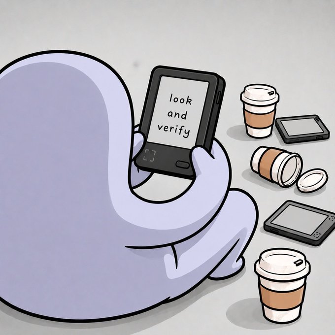 The image features a cartoon character sitting down with a tablet computer, surrounded by several coffee cups. The text "Look and verify" can be seen on the tablet screen. This suggests that the character might be using the tablet for something related to verifying information or checking data. The presence of multiple coffee cups in the scene indicates that this could be taking place during a break or while working on a project, possibly involving research or data analysis.
