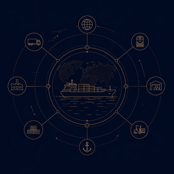 A dark navy infographic illustrating global supply chain logistics with a central cargo ship and connecting nodes representing trucks, trains, planes, factories, warehouses, and ports.