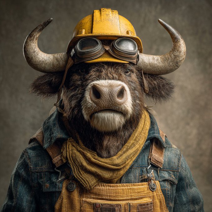 An AI-rendered water buffalo dressed as a construction laborer, complete with goggles, a denim shirt, and overalls.