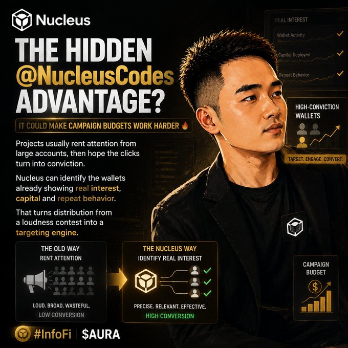 Marketing image for 'Nucleus' promoting 'The Hidden @NucleusCodes Advantage' for campaign budgets, featuring a man in a black jacket and explaining how identifying real interest, capital, and repeat behavior helps target high-conviction wallets, tagged with #InfoFi and $AURA.