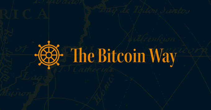 A logo with a ship's wheel and the text 'The Bitcoin Way' on a dark blue background with a faint map.