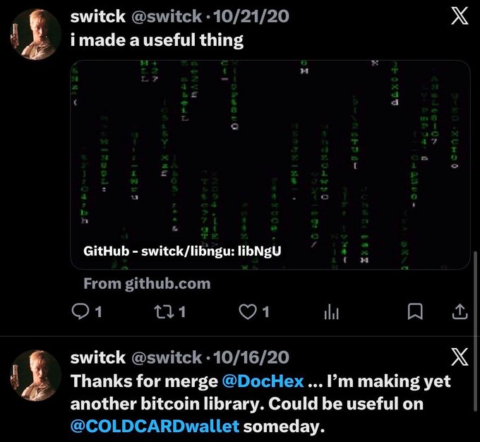 A screenshot of X (Twitter) posts from user @switck dated 10/21/20 stating "i made a useful thing" with a GitHub link to switck/libngu, followed by an older post about creating a bitcoin library potentially useful for COLDCARDwallet.