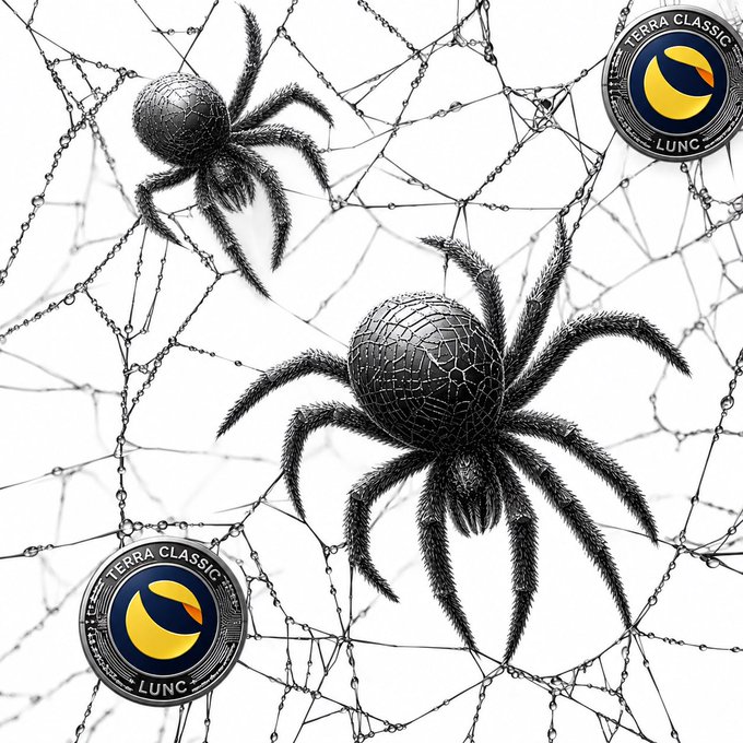 Two dark, textured spiders with cracked, orb-like abdomens are positioned on a delicate, dew-covered spider web against a white background. The larger spider sits prominently in the lower right, while a smaller one rests in the upper left. Two circular Terra Classic (LUNC) cryptocurrency logos with a yellow and orange crescent moon design on a black background are overlaid in the bottom left and top right corners of the image.