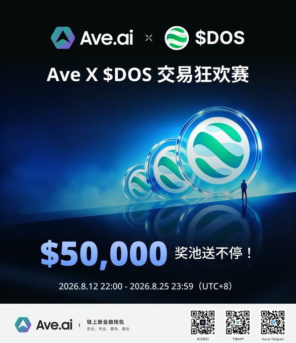 A promotional poster for 'Ave.ai X $DOS 交易狂欢赛' (Ave X $DOS Trading Carnival) featuring a $50,000 prize pool, running from 2026.8.12 to 2026.8.25 (UTC+8).