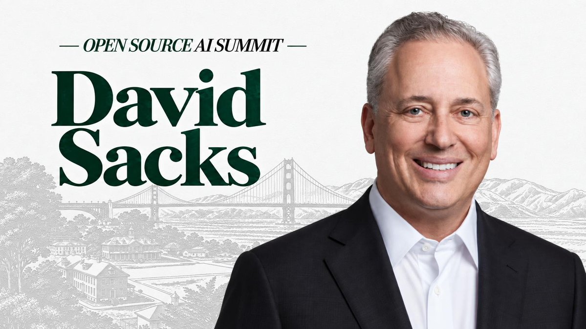 A promotional graphic for the 'Open Source AI Summit' featuring a portrait of David Sacks alongside an illustration of the Golden Gate Bridge.