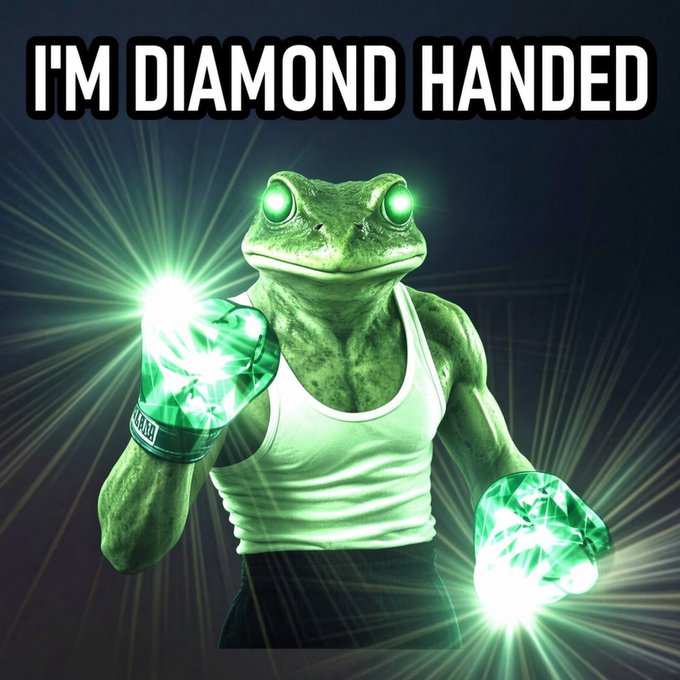 A meme featuring a muscular frog in a tank top with glowing green diamond fists, captioned 'I'M DIAMOND HANDED'.